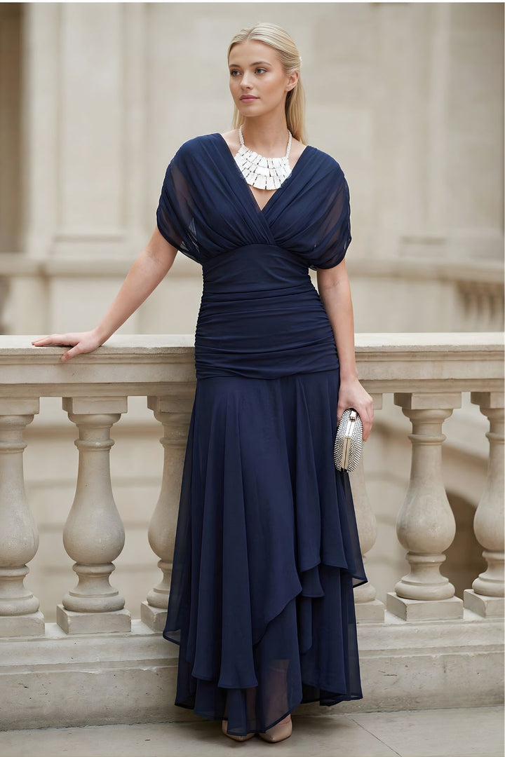 Women's elegant floral off-shoulder maxi dress with ruched bodice, perfect for evening wear.
