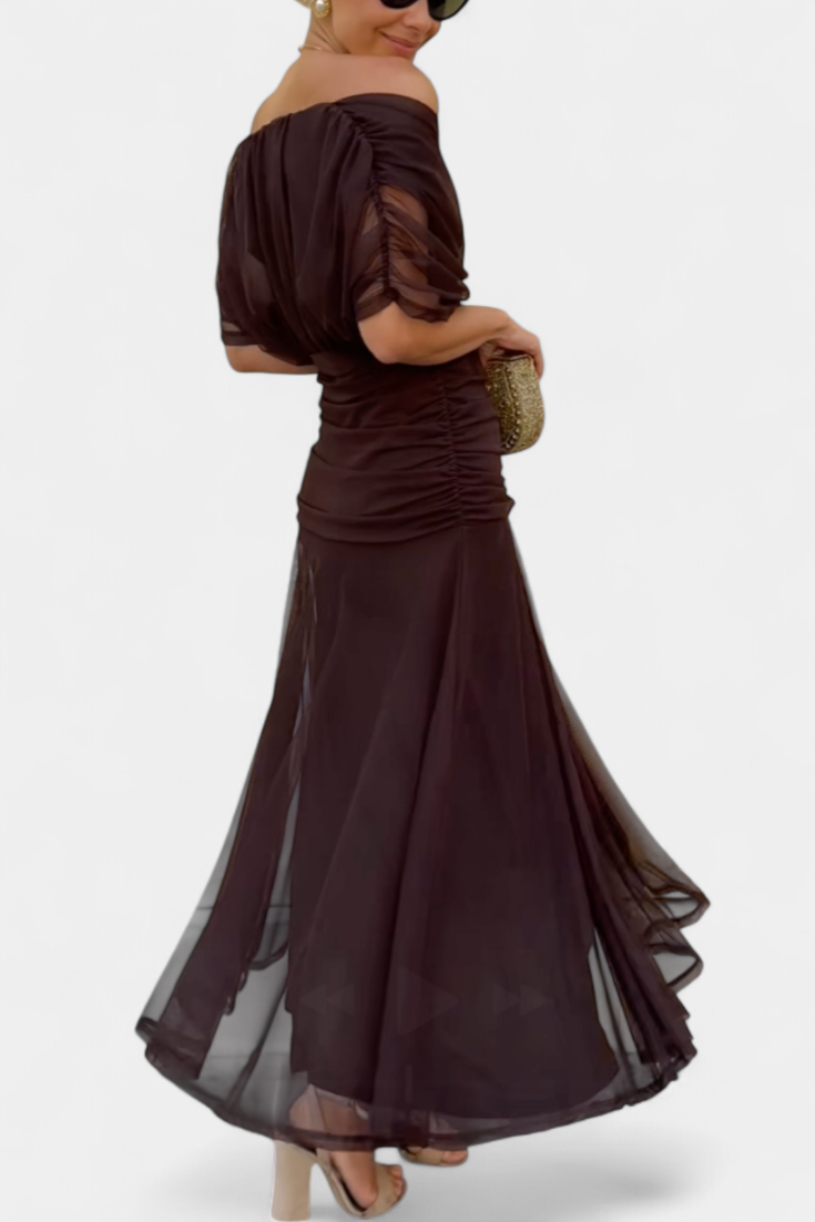 Beautiful floral off-shoulder ruched maxi dress for women, perfect for summer & spring fashion.