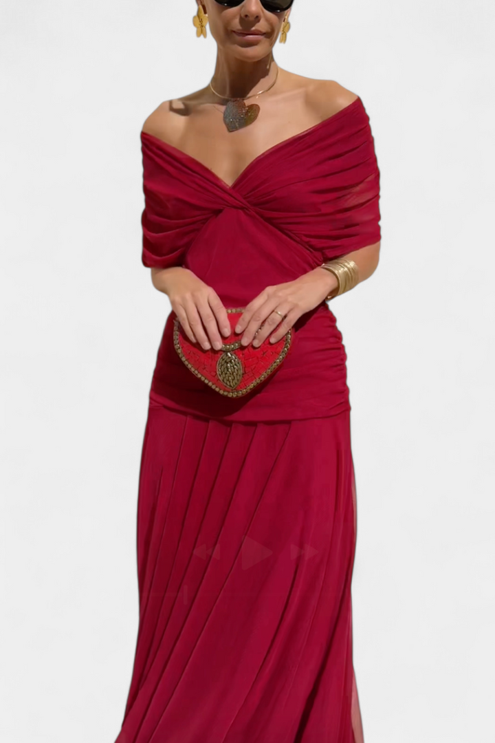 Trendy women's floral off-shoulder maxi dress, ruched details, perfect for spring/summer fashion.