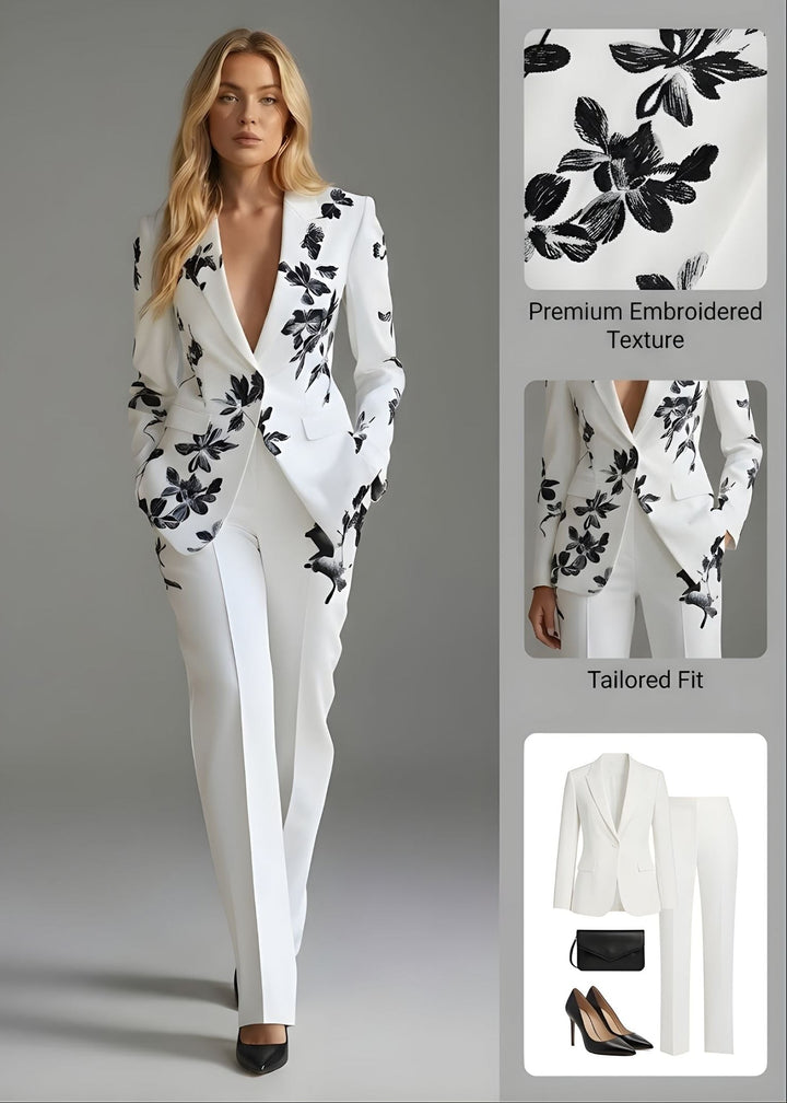Women's floral pant suit with tailored single-button blazer, elegant and chic for business or special occasions.