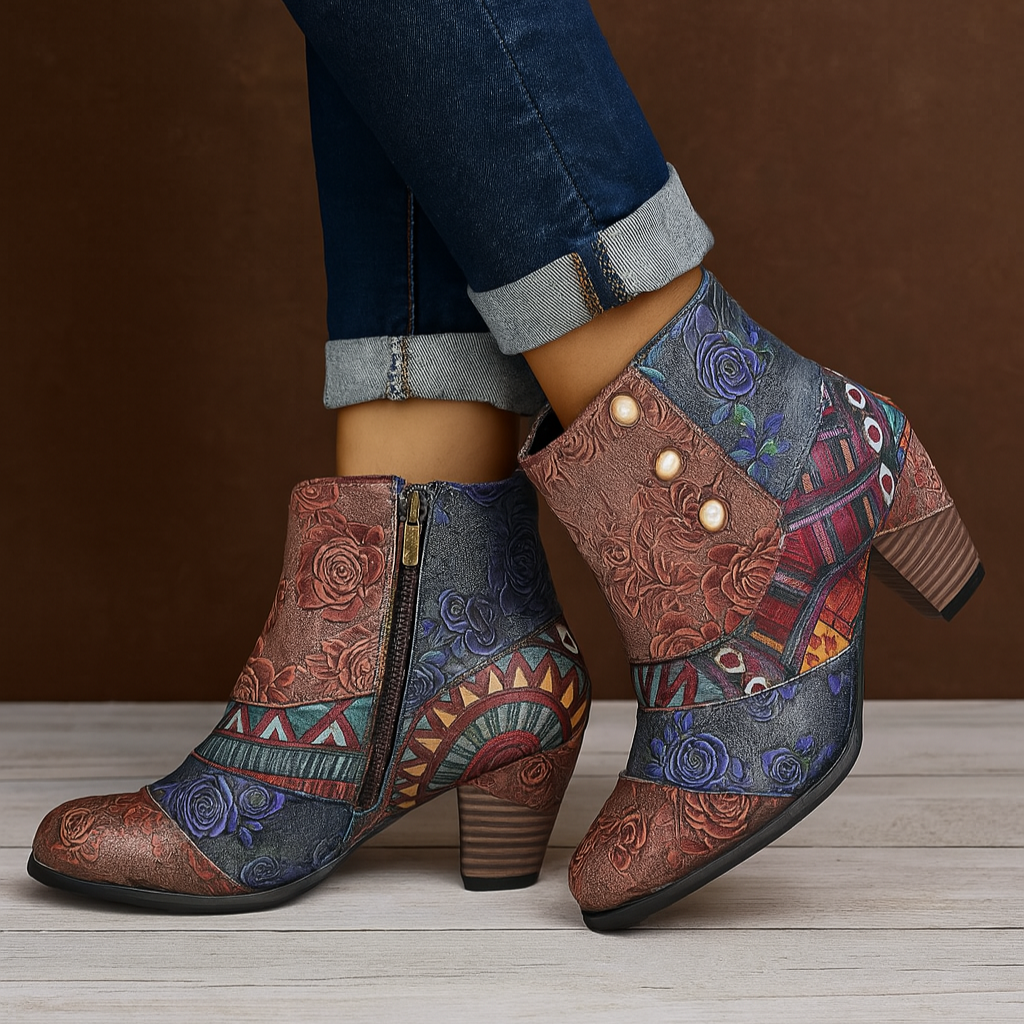 Women's floral pattern heeled ankle boots, perfect for a trendy and fashionable look.