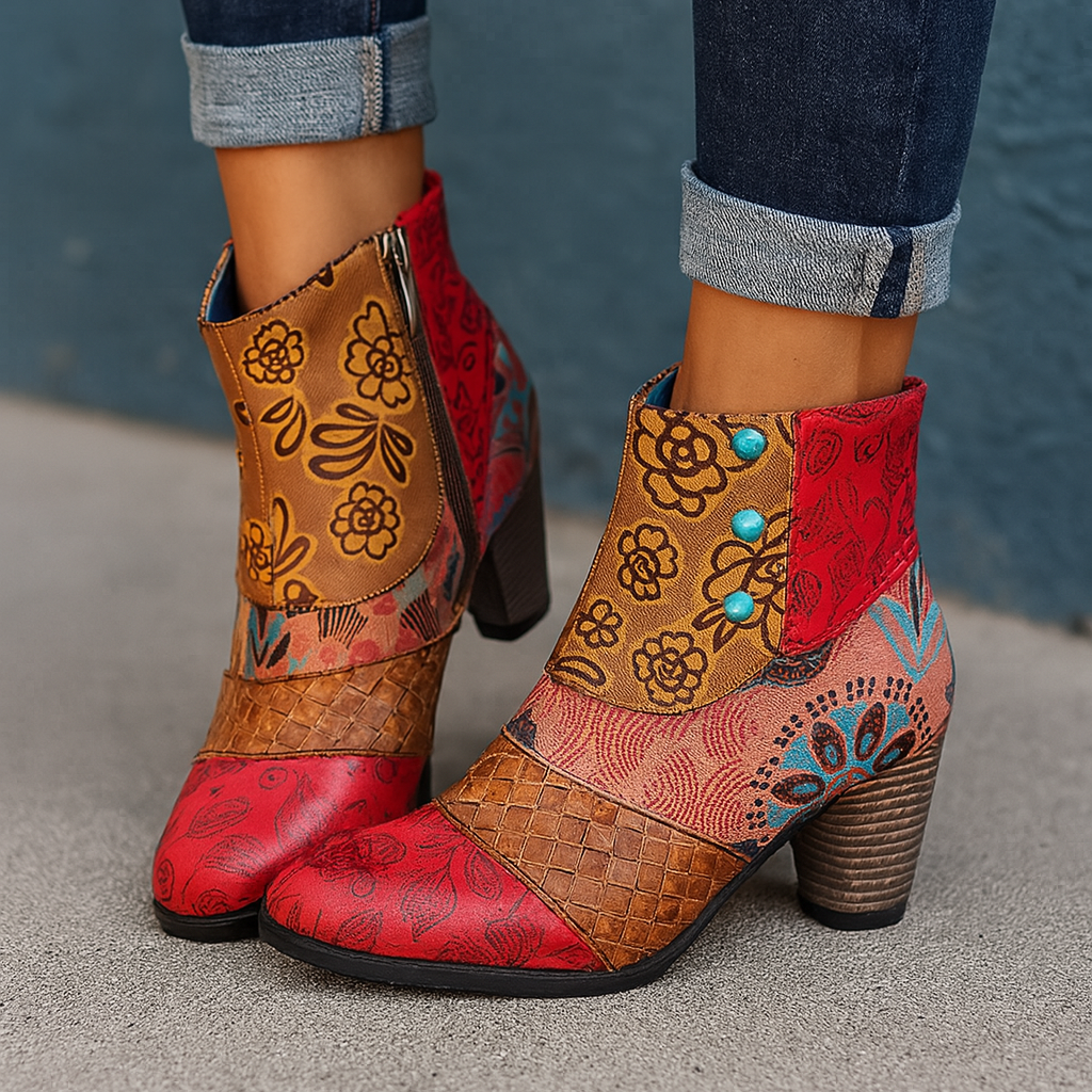 Elegant women's ankle boots, featuring a unique floral print and stylish high heels.