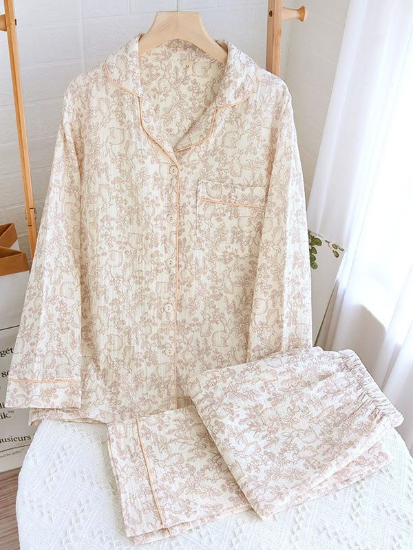 Women's floral print long sleeve pajama set, comfortable sleepwear for lounging at home.