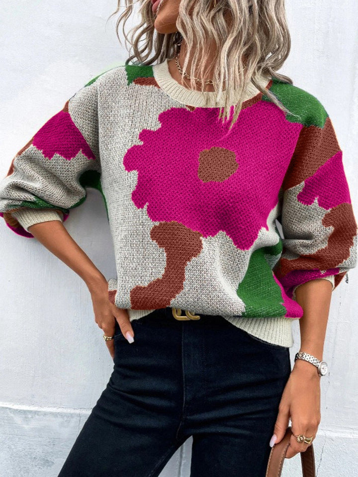 Women's floral print long sleeve pullover sweater, perfect for casual autumn fashion.