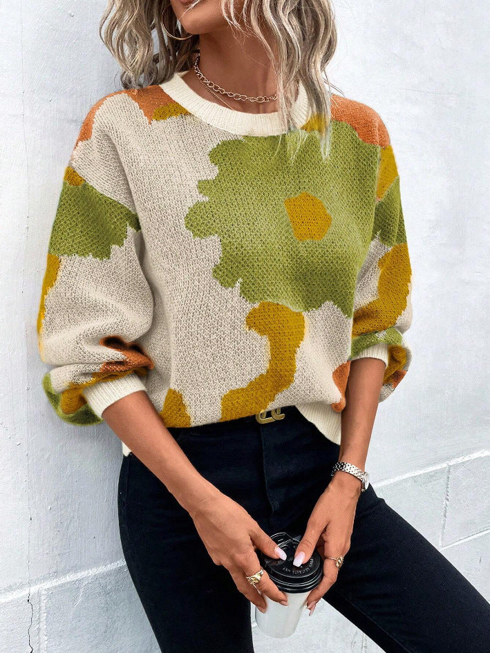 Soft knit casual wear women's long sleeve floral print pullover sweater for comfortable style.