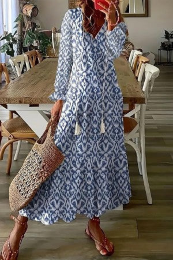 Stylish women's floral tassel V-neck maxi dress, short sleeves, perfect casual summer dress or beach outfit.