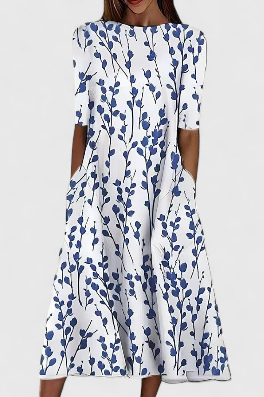 Women's floral print midi dress with short sleeves and pockets, perfect casual summer round neck printed dress.