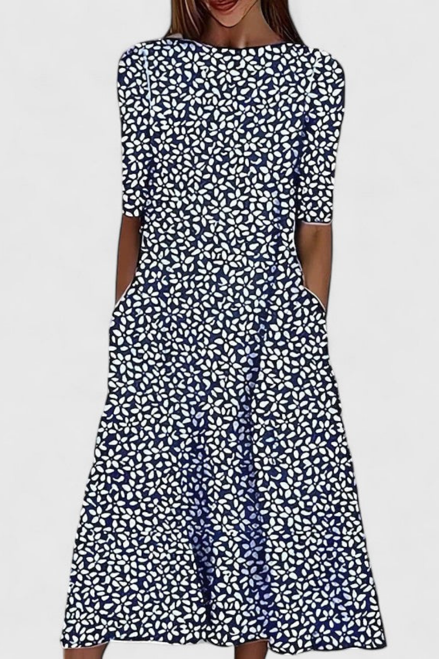 Casual women's floral midi dress with short sleeves, round neck, and handy pockets. Ideal summer printed dress.