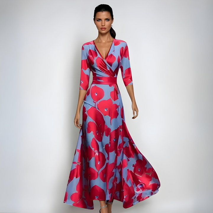 Women's floral print wrap maxi dress with elegant V-neck and 3/4 sleeves, perfect for spring and summer occasions.