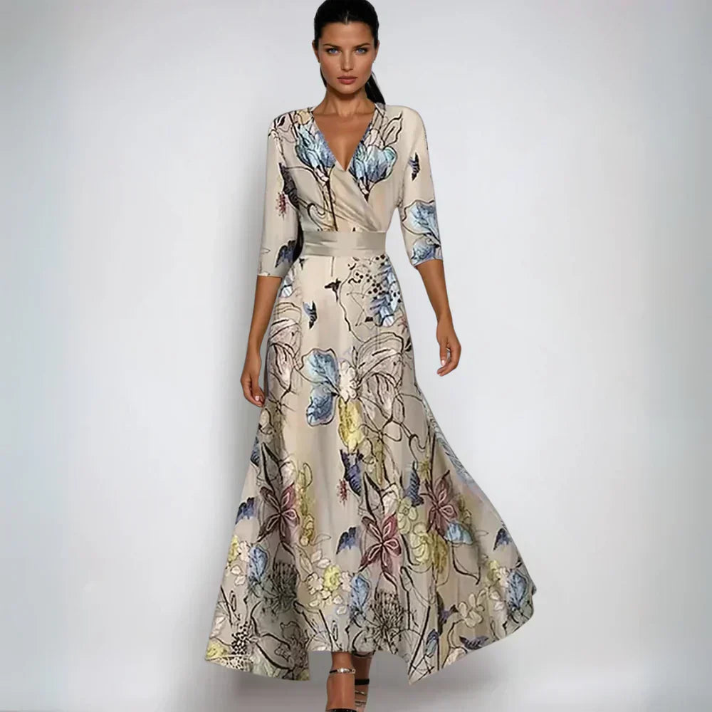 Chic women's floral print V-neck wrap maxi dress with 3/4 sleeves, a beautiful choice for formal or party wear.