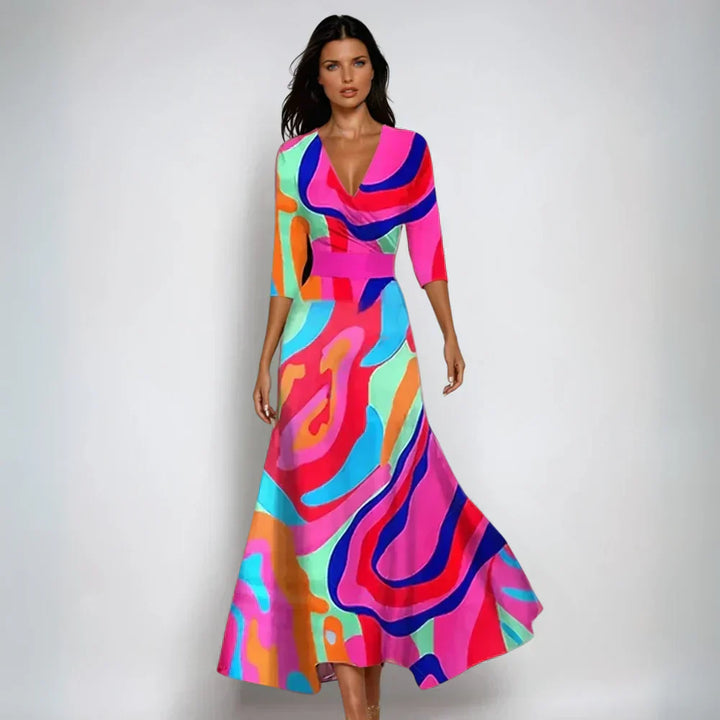 Stylish floral print women's long wrap dress with 3/4 sleeves and V-neck, suitable for spring & summer events.