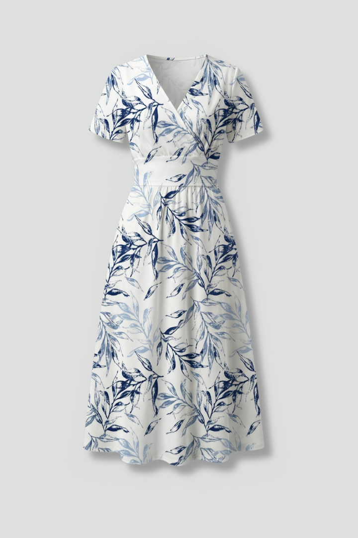 Women's floral V-neck A-line midi dress with short sleeves, perfect for spring/summer elegance.
