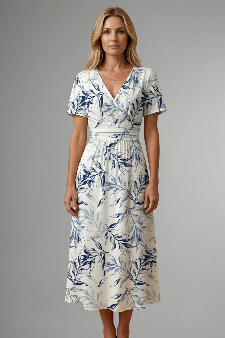 Elegant women's floral V-neck midi dress, A-line cut, ideal for casual spring or summer everyday wear.