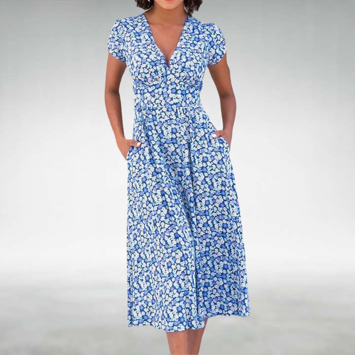 Women's floral V-neck midi dress with pockets, perfect for spring casual everyday wear.