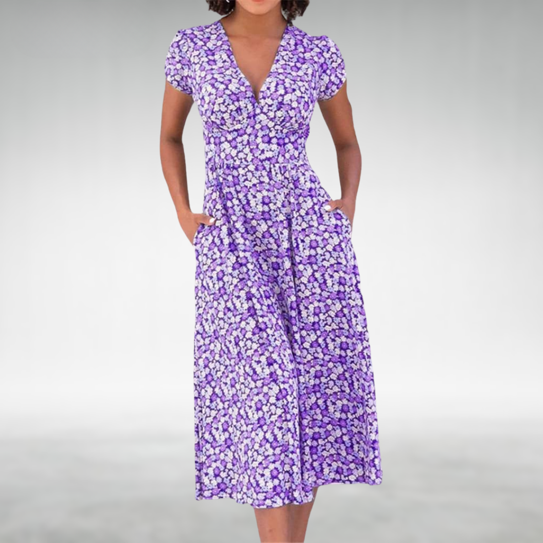 Stylish V-neck floral midi dress for women, ideal for spring fashion and everyday comfort.