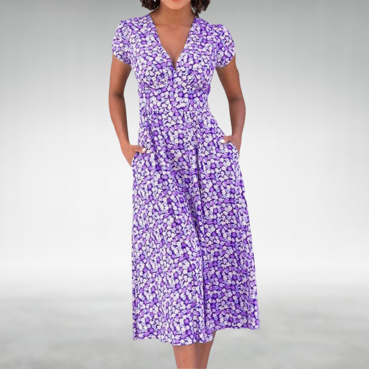 Stylish V-neck floral midi dress for women, ideal for spring fashion and everyday comfort.