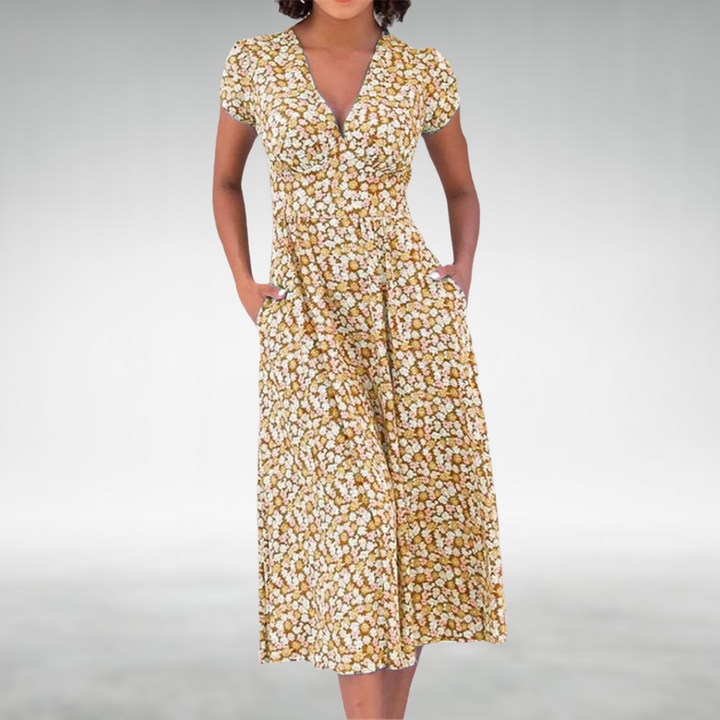 Sleeved women's floral midi dress, a casual and comfortable V-neck with pockets.