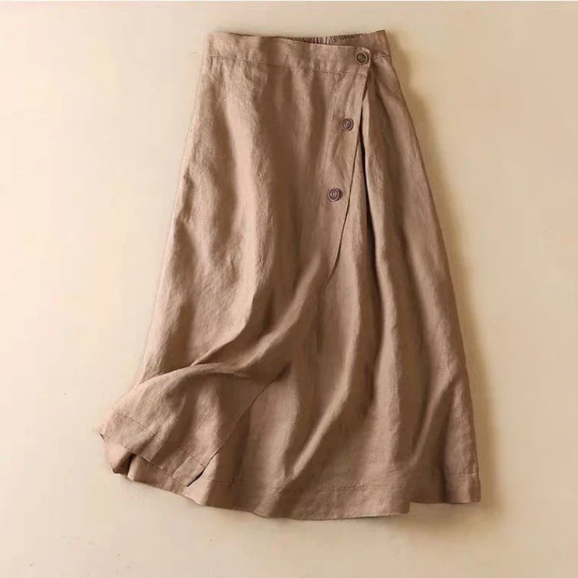 Stylish women's wrap front midi skirt featuring chic button detail, ideal for versatile spring & summer fashion.