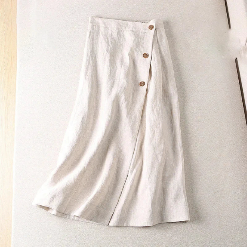Close-up of a women's midi skirt showcasing the elegant wrap front and stylish button detail, flowy fabric.