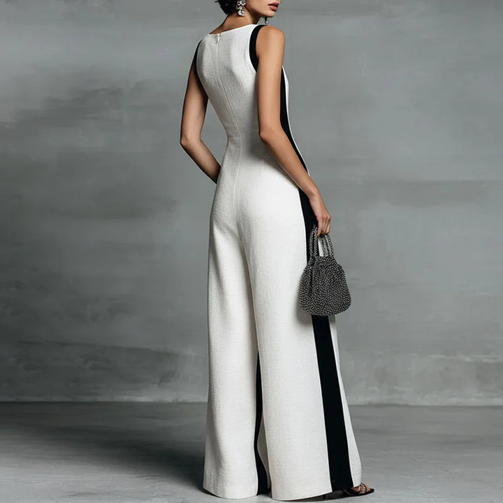 Elegant women's sleeveless V-neck wide-leg jumpsuit, perfect for comfortable casual & summer fashion.