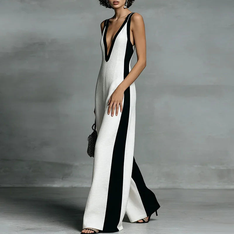 Comfortable women's flowy wide-leg jumpsuit. Sleeveless V-neck design for a relaxed, chic summer look.