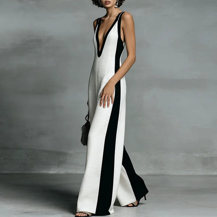 Comfortable women's flowy wide-leg jumpsuit. Sleeveless V-neck design for a relaxed, chic summer look.