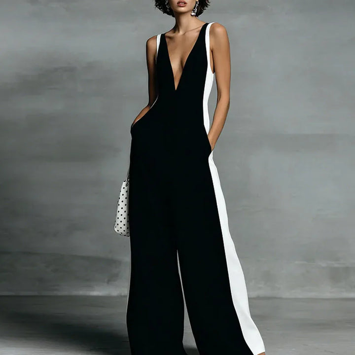 Stylish women's wide-leg jumpsuit, sleeveless and V-neck, designed for effortless comfort & summer fashion.