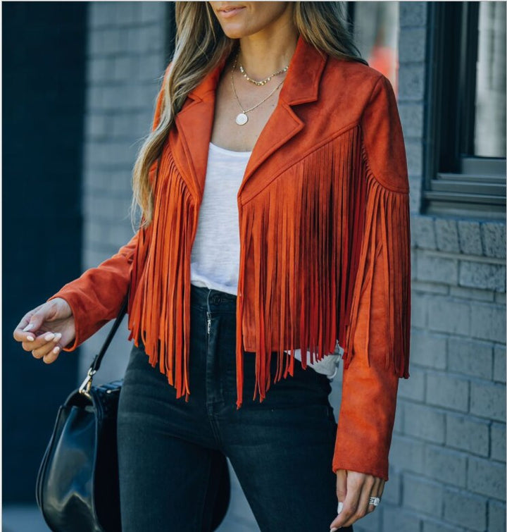 Women's fringed suede motorcycle jacket, tan, with silver hardware, boho chic autumn fashion outerwear