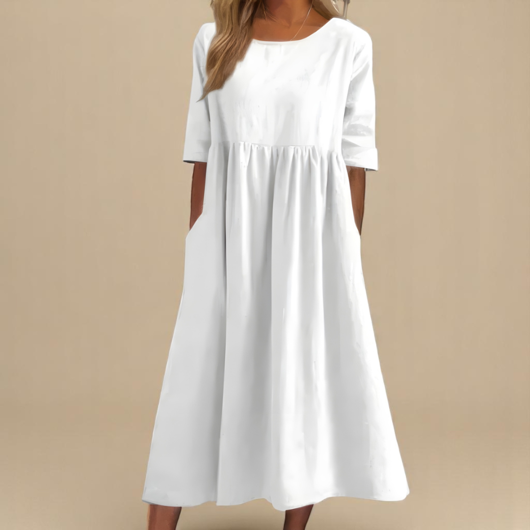 Effortless everyday midi dress for women with half-sleeves and a comfortable gathered waist design.