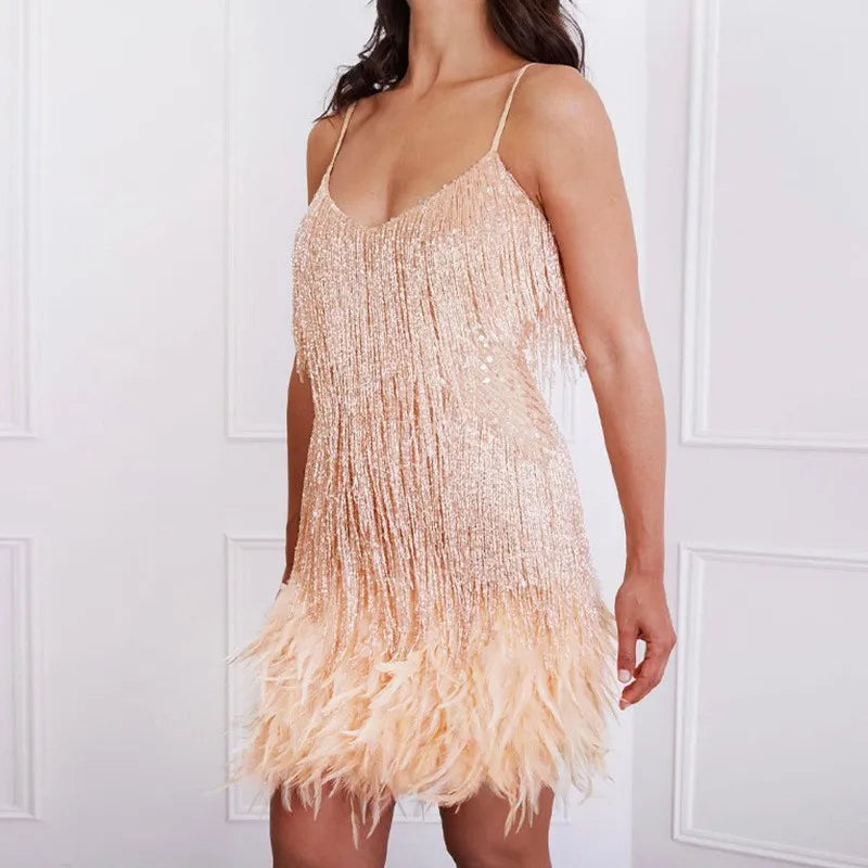 Women's short sequin fringe cocktail dress with stylish feather accents, ideal for festive evening wear.