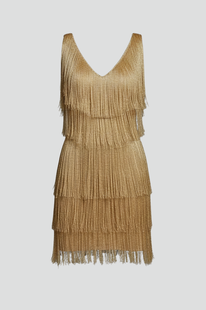 Women's glamorous V-neck sleeveless fringe mini cocktail dress. Perfect for parties & events.