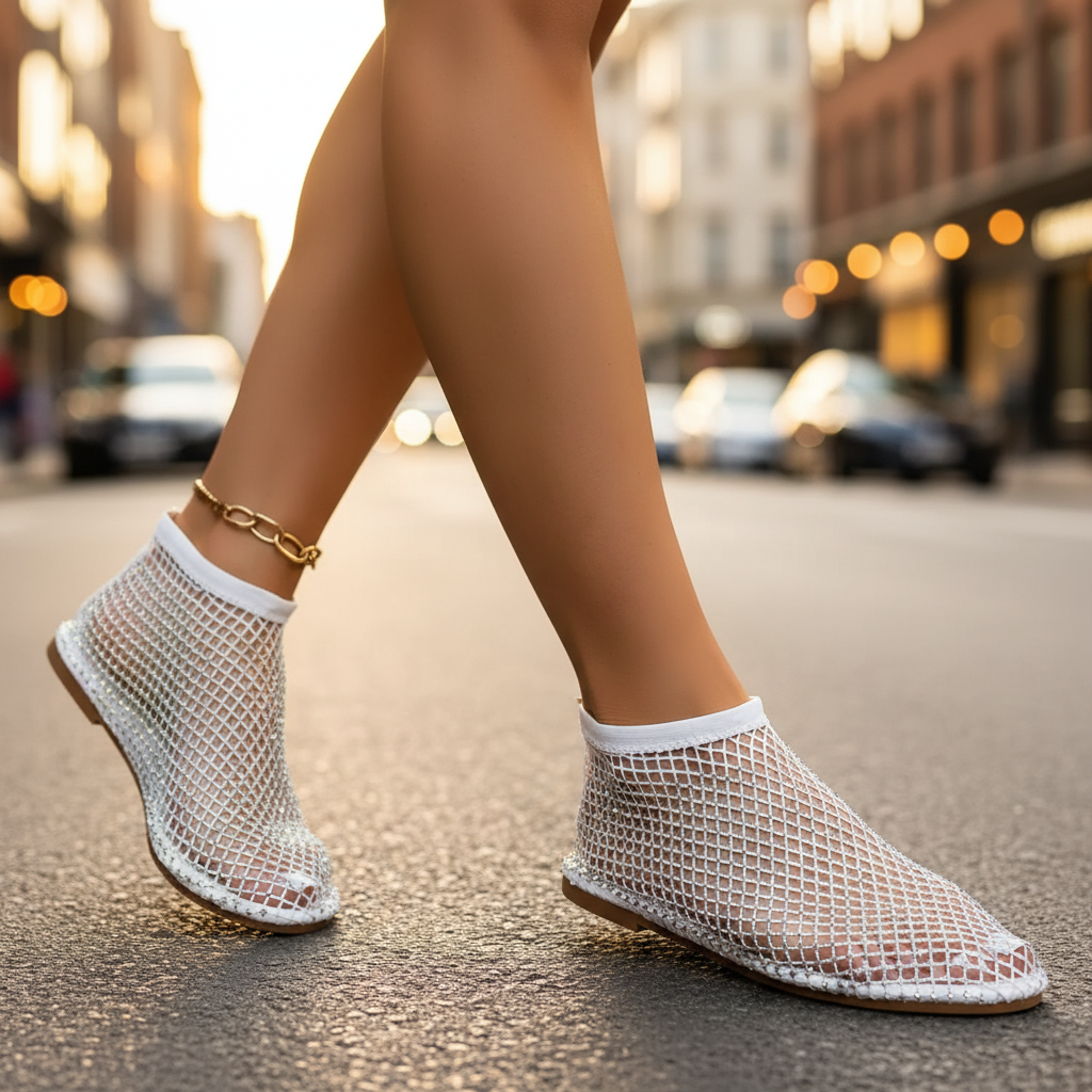 Elegant women's flats, secure instep strap, sparkling with glitter and rhinestones.