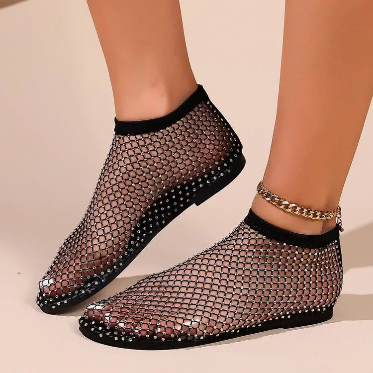 Glamorous rhinestone flats for women, secure strap, perfect for dressy or casual wear.