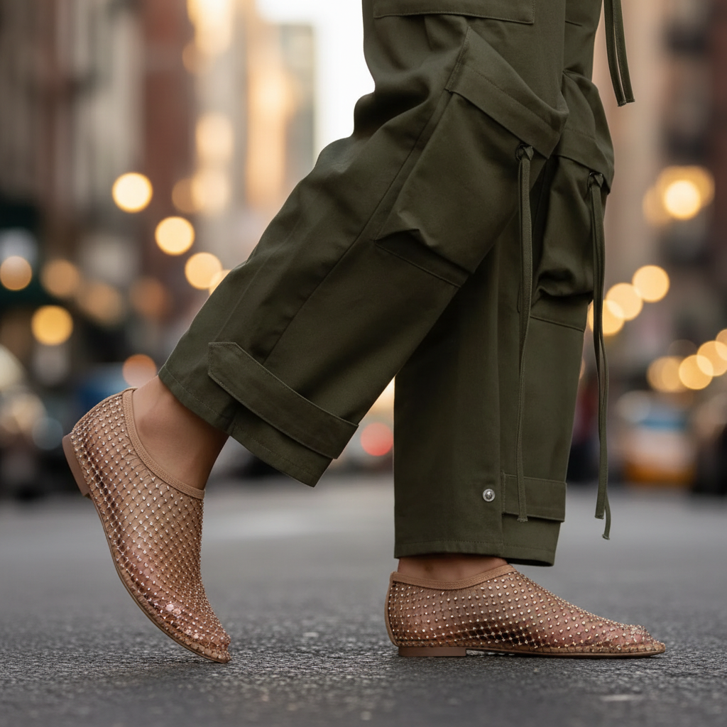 Dressy women's flats, secure instep strap, featuring all-over glitter and rhinestones.