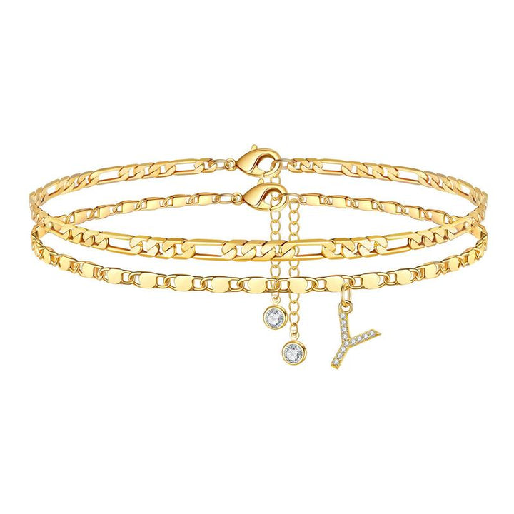 Chic women's gold anklet with initial 'V' and a crystal charm, personalized gold plated