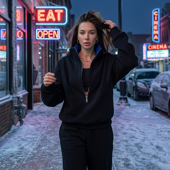 Women's half-zip sweatsuit matching set. Comfortable high-waist joggers & pullover for loungewear or casual travel.
