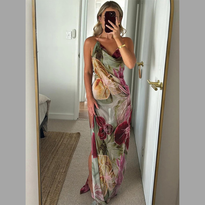 Women's halter neck floral maxi dress, elegant for wedding guests and formal evening events.