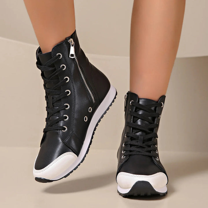 Comfortable women's high-top orthopedic walking shoes, featuring arch support & wide toe box.
