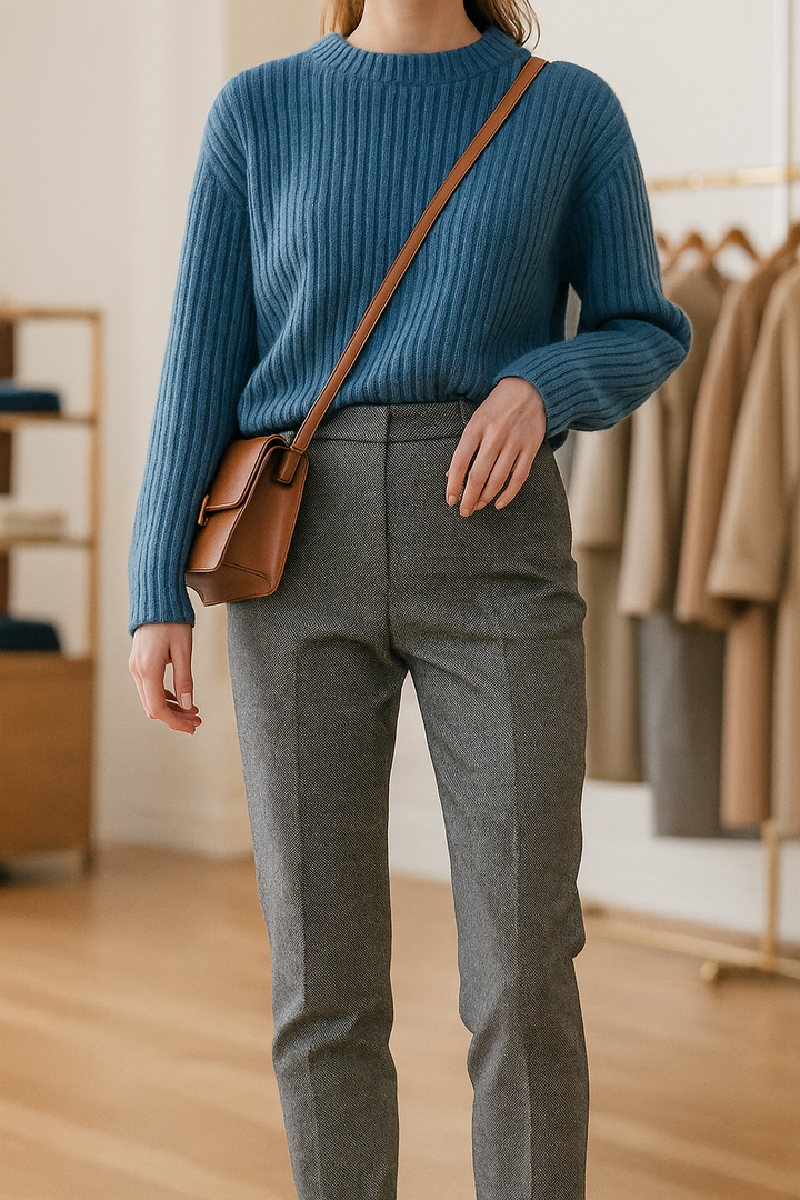 Detail photo of the hook and bar closure on camel high-waist wool blend trousers