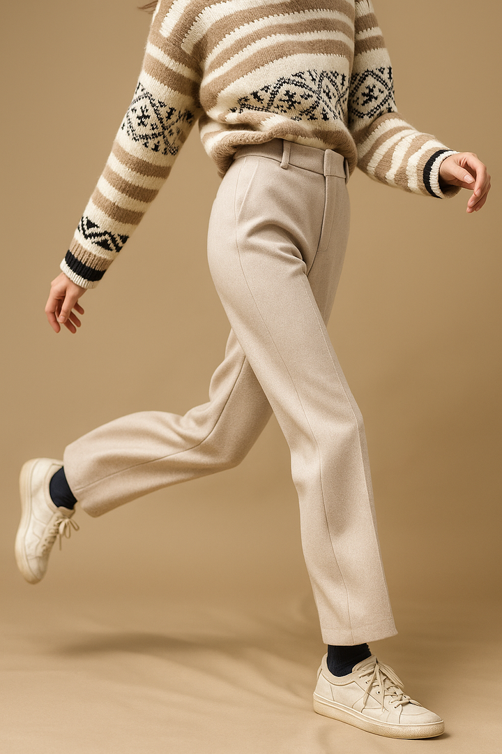 Women's high-waist wool blend straight leg trousers in camel, styled with accessories