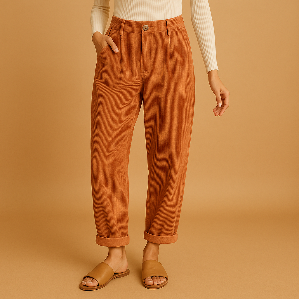 Comfortable women's high waist corduroy trousers. Elegant relaxed fit, straight leg pants for autumn casual wear.