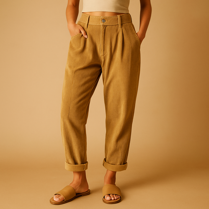 Autumn fashion women's high waist corduroy trousers. Relaxed fit, straight leg pants offering comfort and style.