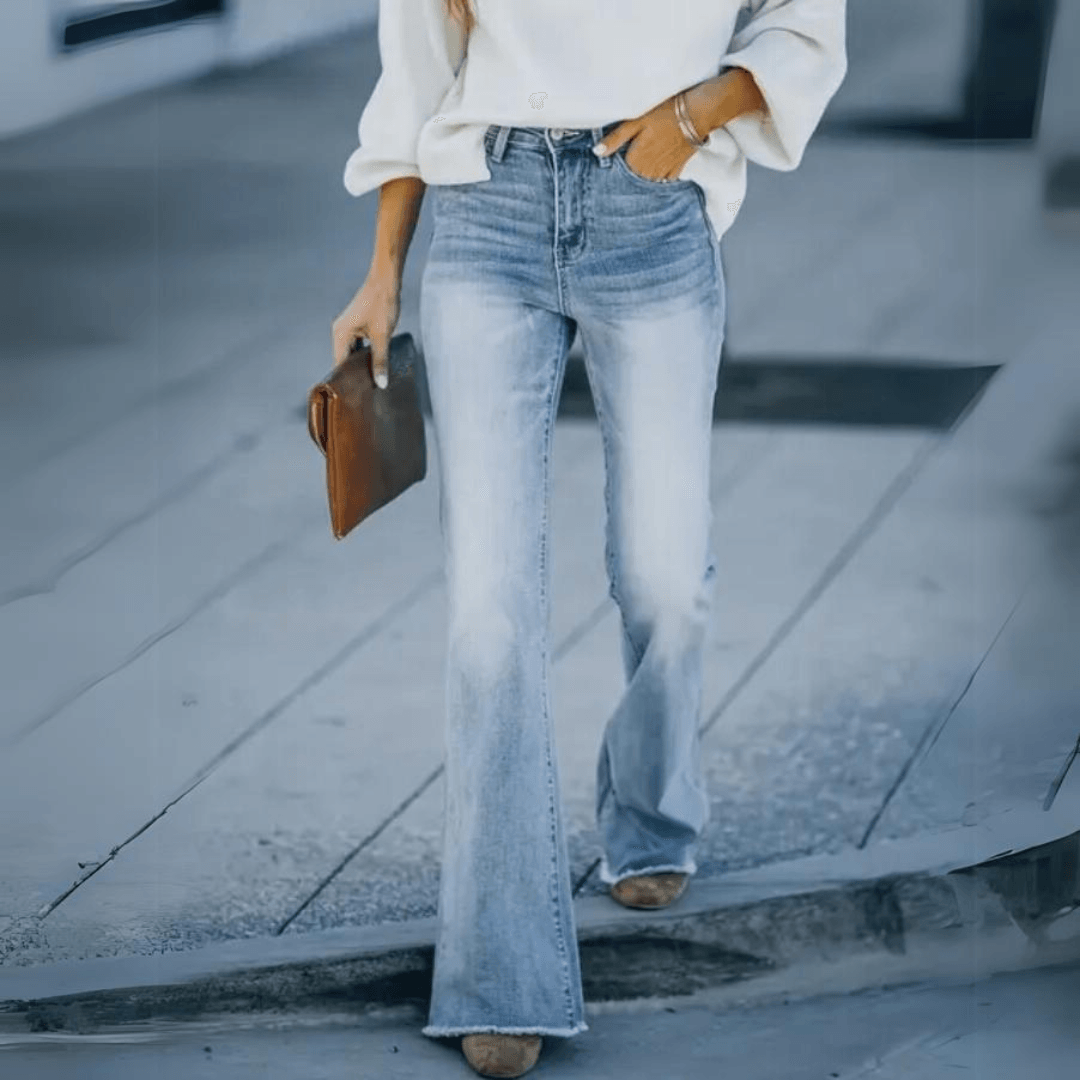 Full shot of women's high-waisted straight leg jeans, ideal for comfortable and chic everyday wear.