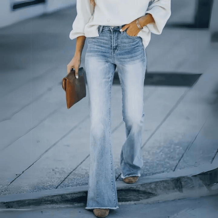 Full shot of women's high-waisted straight leg jeans, ideal for comfortable and chic everyday wear.