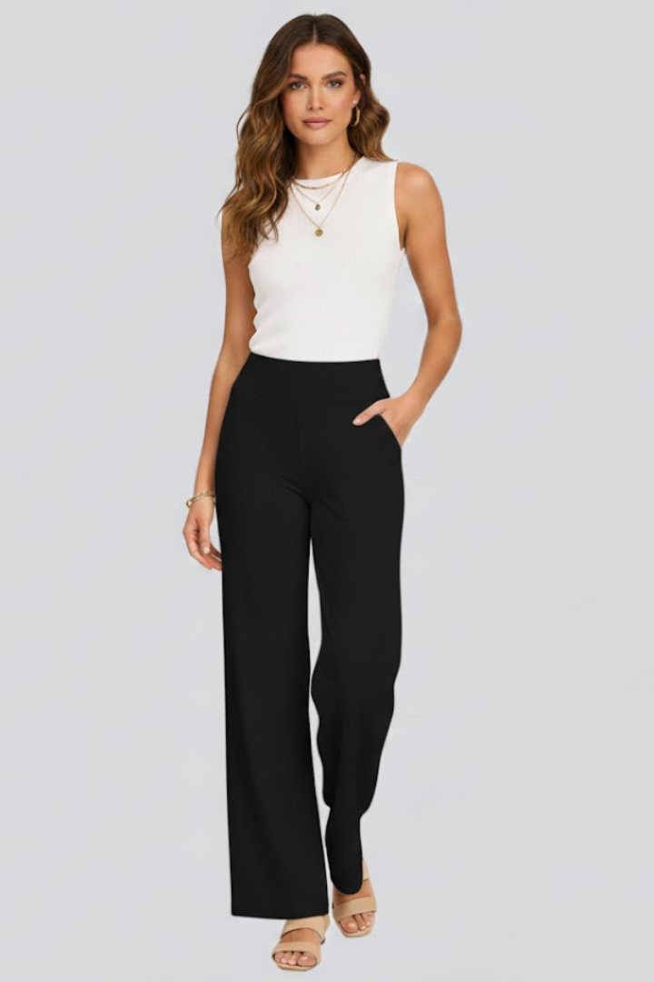Women's high-waist wide-leg pull-on trousers, styled casually, showcasing versatile everyday fashion.