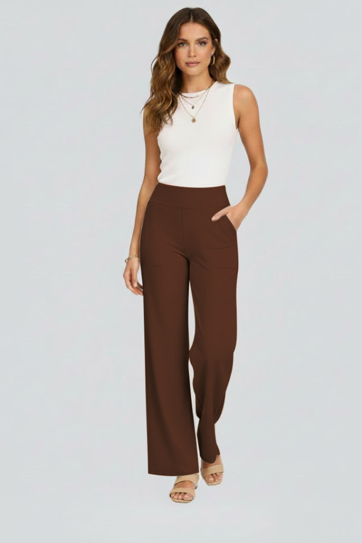 Full length shot of women's high-waist wide-leg pull-on trousers, showing relaxed fit & style.