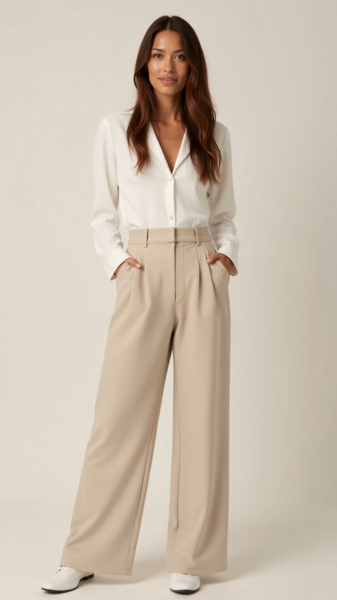 Women's high-waist wide-leg spring pants in a light, flowy fabric, perfect for casual or elegant wear.