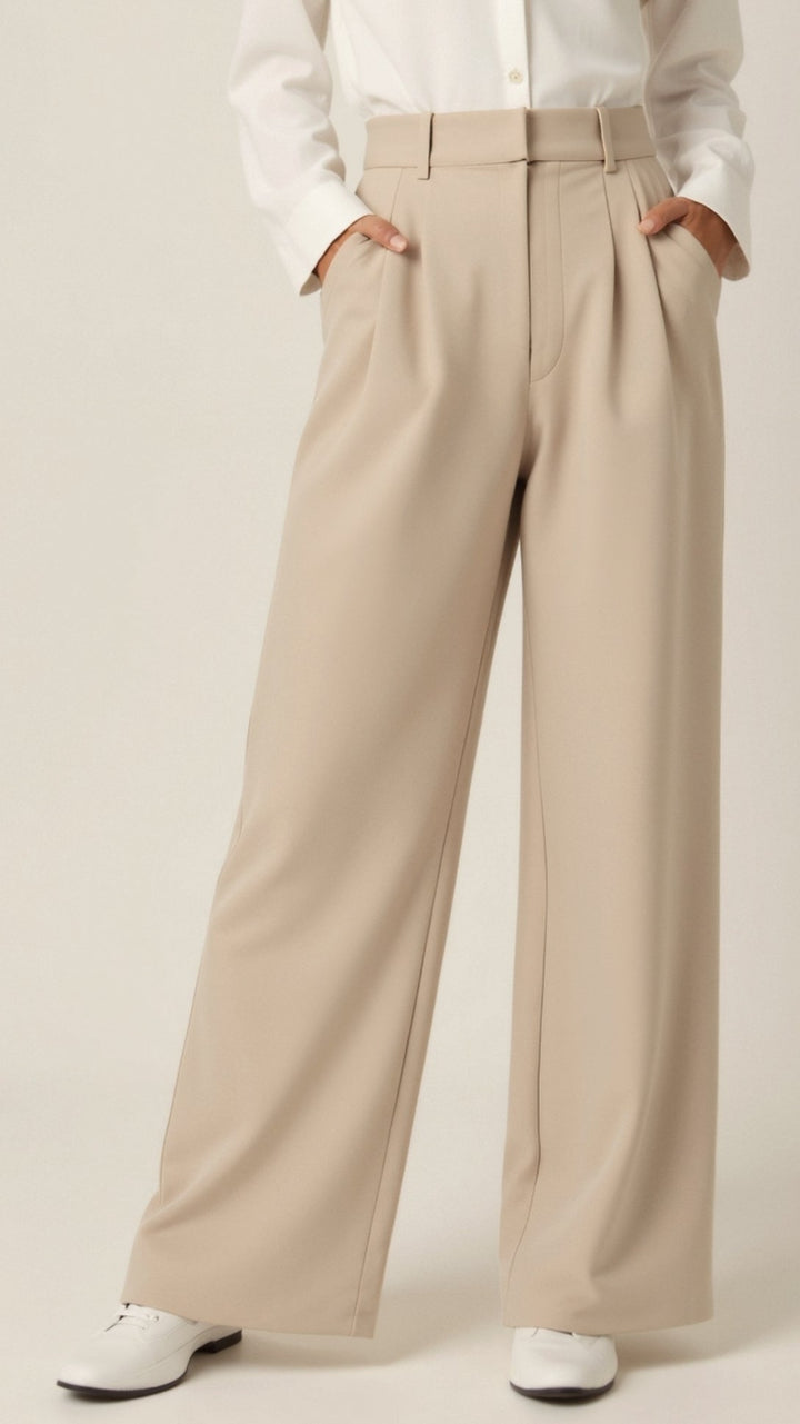 Full-body image of a woman wearing comfortable high-waist wide-leg spring trousers with a stylish top.