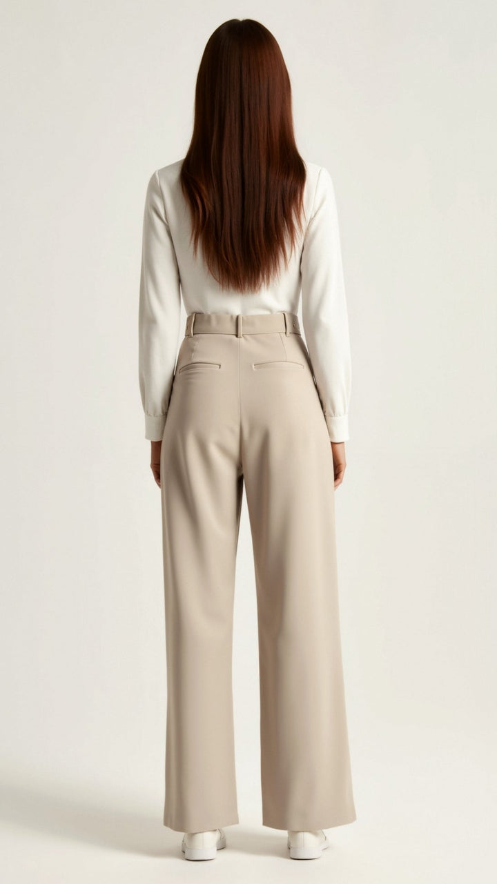 Close-up of the elegant fabric and high-waist detail of women's wide-leg spring pants for fashion.