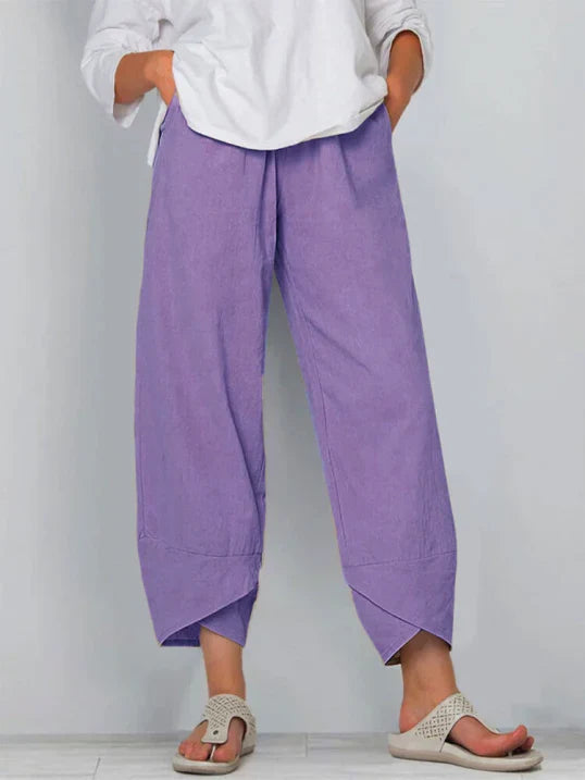 Comfortable high-waist wide leg pants for women, featuring a trendy tulip hem design.